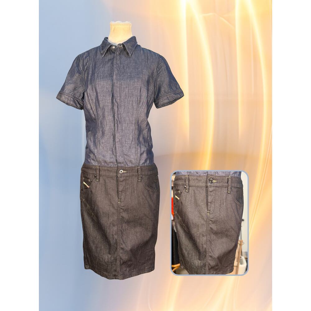Vintage Y2K Authentic Diesel Ind Denim 2-Tone Drop Waist Pencil Skirt Dress M